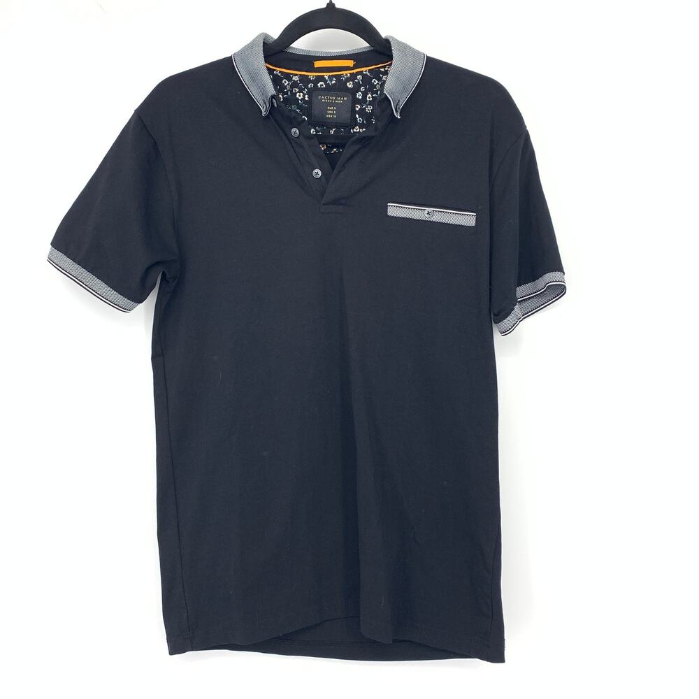 Cactus Man Short Sleeve Polo Shirt Mens Size Small Solid Black Checked Collar